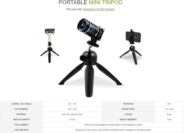 Alt view image 3 of 7 - Waveshare Portable Mini Tripod with 360° Rotation Ideal for Cameras Like Raspberry Pi HQ Camera CM-Stereo-Vision-Board