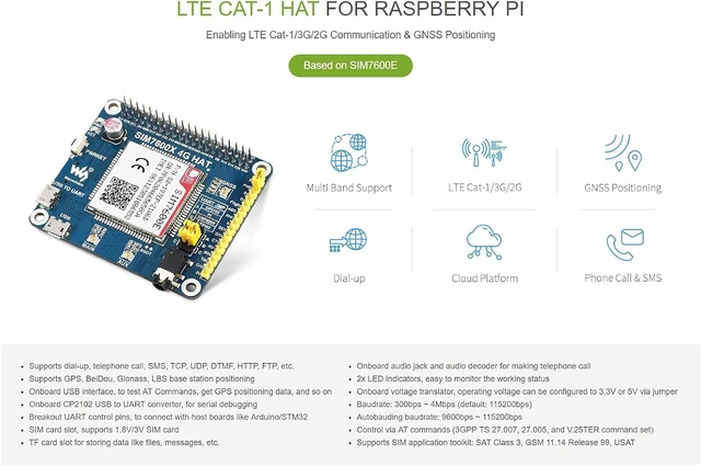 Alt view image 2 of 7 - Waveshare SIM7600E LTE Cat-1 HAT, Compatible with Raspberry Pi 5/4B/3B/Zero/Zero W/Zero 2W/Pico/Pico W/Pico WH, Enabling LTE Cat-1/3G/2G Communication & GNSS Positioning