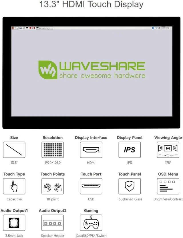 Alt view image 3 of 7 - waveshare 13.3inch Capacitive Touch Screen LCD Compatible with Raspberry Pi 4B/3B+/3A+/2B/B+/A+/Zero/Zero W/WH/Zero 2W CM3+/4 1920×1080 Resolution HDMI IPS Supports Jetson Nano/Windows