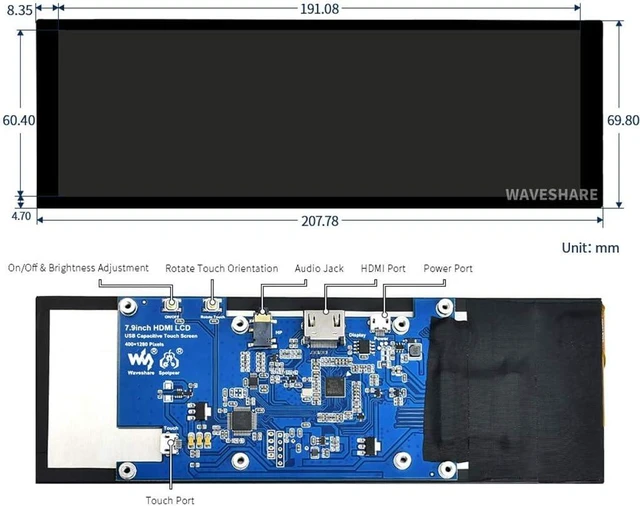 Alt view image 3 of 7 - waveshare 7.9inch Capacitive Touch Screen LCD Compatible with Raspberry Pi 5/4B/3B+/3A+/2B/B+/A+/Zero/Zero W/WH/Zero 2W CM3+/4 400×1280 Resolution HDMI IPS Supports Jetson Nano/Windows