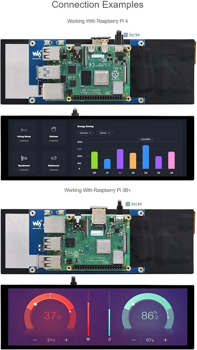 Alt view image 4 of 7 - waveshare 7.9inch Capacitive Touch Screen LCD Compatible with Raspberry Pi 5/4B/3B+/3A+/2B/B+/A+/Zero/Zero W/WH/Zero 2W CM3+/4 400×1280 Resolution HDMI IPS Supports Jetson Nano/Windows