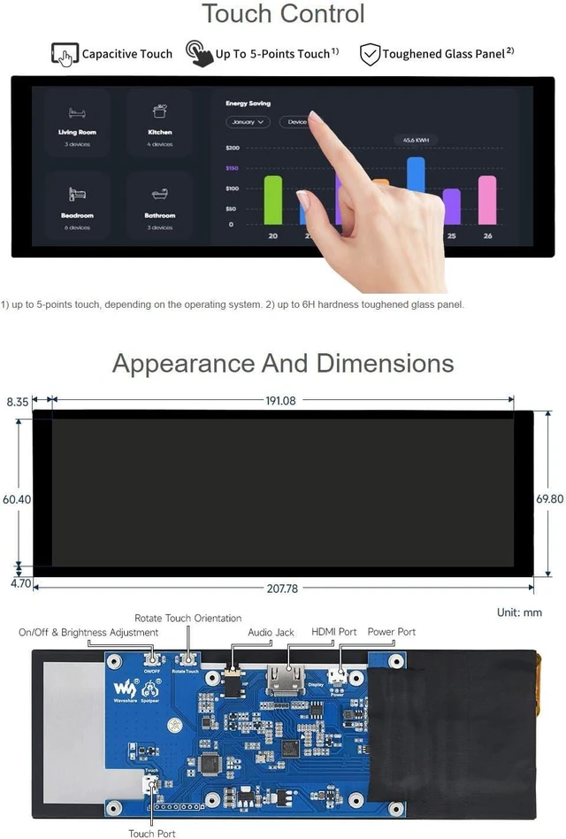 Alt view image 5 of 7 - waveshare 7.9inch Capacitive Touch Screen LCD Compatible with Raspberry Pi 5/4B/3B+/3A+/2B/B+/A+/Zero/Zero W/WH/Zero 2W CM3+/4 400×1280 Resolution HDMI IPS Supports Jetson Nano/Windows