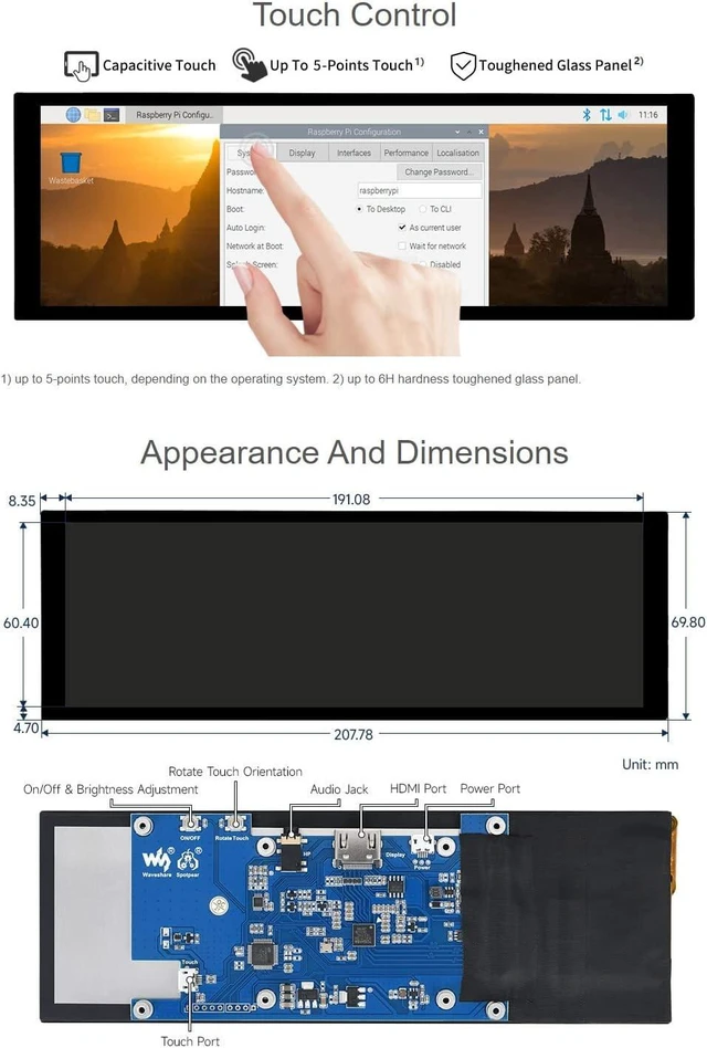 Alt view image 7 of 7 - waveshare 7.9inch Capacitive Touch Screen LCD Compatible with Raspberry Pi 5/4B/3B+/3A+/2B/B+/A+/Zero/Zero W/WH/Zero 2W CM3+/4 400×1280 Resolution HDMI IPS Supports Jetson Nano/Windows