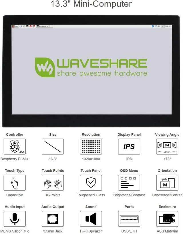 Alt view image 3 of 7 - waveshare 13.3 inch Mini-Computer Powered by Raspberry Pi 3A+ HD Touch Screen with USB/ETH Ports