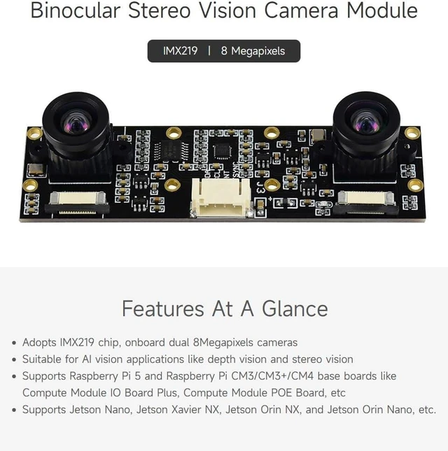 Alt view image 3 of 7 - Waveshare Binocular Camera Module, Compatible with Raspberry Pi 5, Dual IMX219, 8 Megapixels, Stereo Vision, Depth Vision