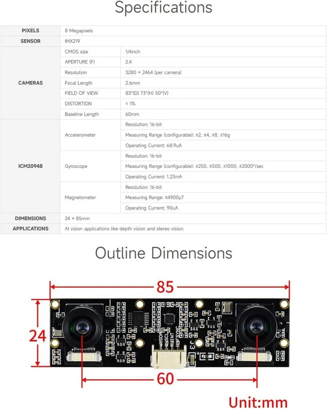 Alt view image 4 of 7 - Waveshare Binocular Camera Module, Compatible with Raspberry Pi 5, Dual IMX219, 8 Megapixels, Stereo Vision, Depth Vision