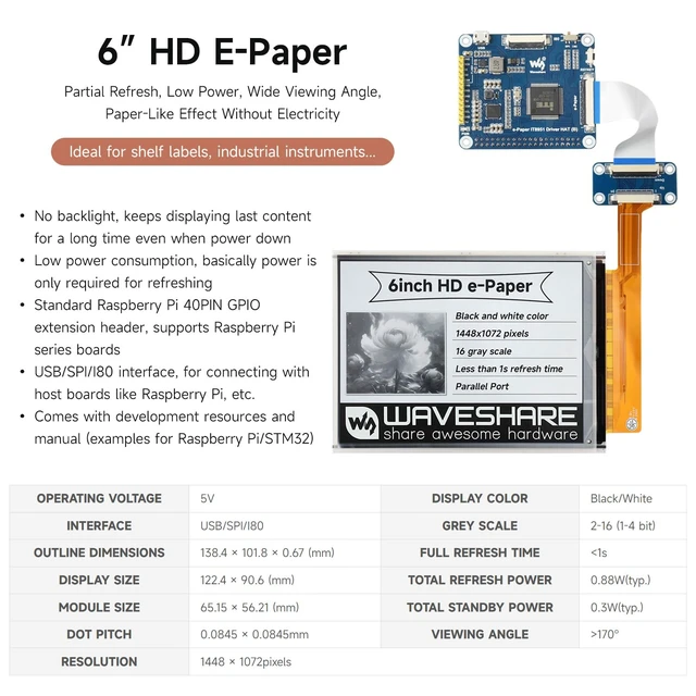 Alt view image 3 of 6 - Waveshare 6inch E-Ink Display HAT Compatible with Raspberry Pi 4B/3B+/3B/2B/B+/A+/Zero/Zero W/WH/Zero 2W Series Boards 1448×1072 High Definition Black/White 16 Gray Scale Supports Partial Refresh