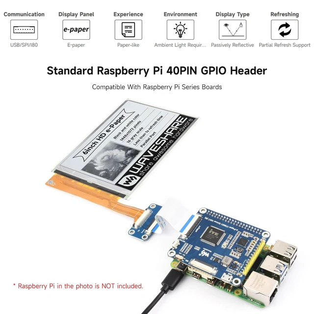 Alt view image 4 of 6 - Waveshare 6inch E-Ink Display HAT Compatible with Raspberry Pi 4B/3B+/3B/2B/B+/A+/Zero/Zero W/WH/Zero 2W Series Boards 1448×1072 High Definition Black/White 16 Gray Scale Supports Partial Refresh