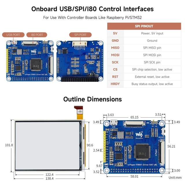 Alt view image 5 of 6 - Waveshare 6inch E-Ink Display HAT Compatible with Raspberry Pi 4B/3B+/3B/2B/B+/A+/Zero/Zero W/WH/Zero 2W Series Boards 1448×1072 High Definition Black/White 16 Gray Scale Supports Partial Refresh
