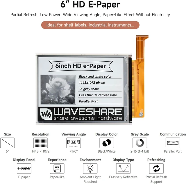 Alt view image 3 of 5 - Waveshare 6inch E-Ink Raw Display Compatible with Raspberry Pi 4B/3B+/3B/2B/B+/A+/Zero/Zero W/WH/Zero 2W Series Boards 1448×1072 High Definition 16 Gray Scale Without PCB Supports Partial Refresh