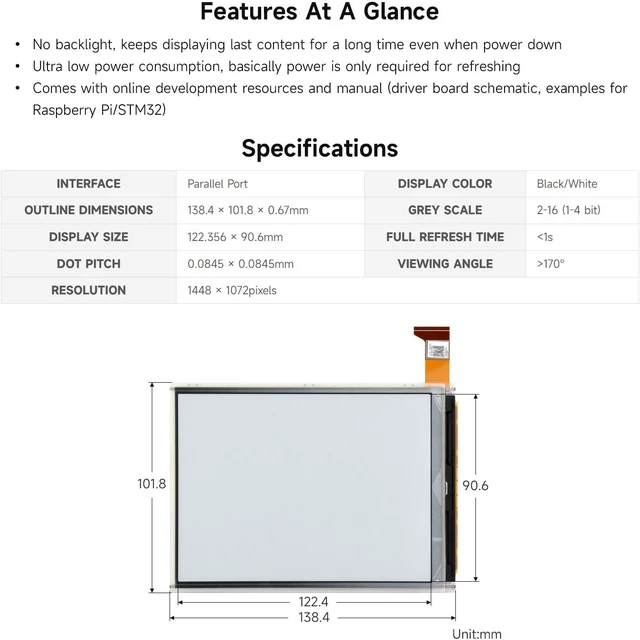 Alt view image 4 of 5 - Waveshare 6inch E-Ink Raw Display Compatible with Raspberry Pi 4B/3B+/3B/2B/B+/A+/Zero/Zero W/WH/Zero 2W Series Boards 1448×1072 High Definition 16 Gray Scale Without PCB Supports Partial Refresh