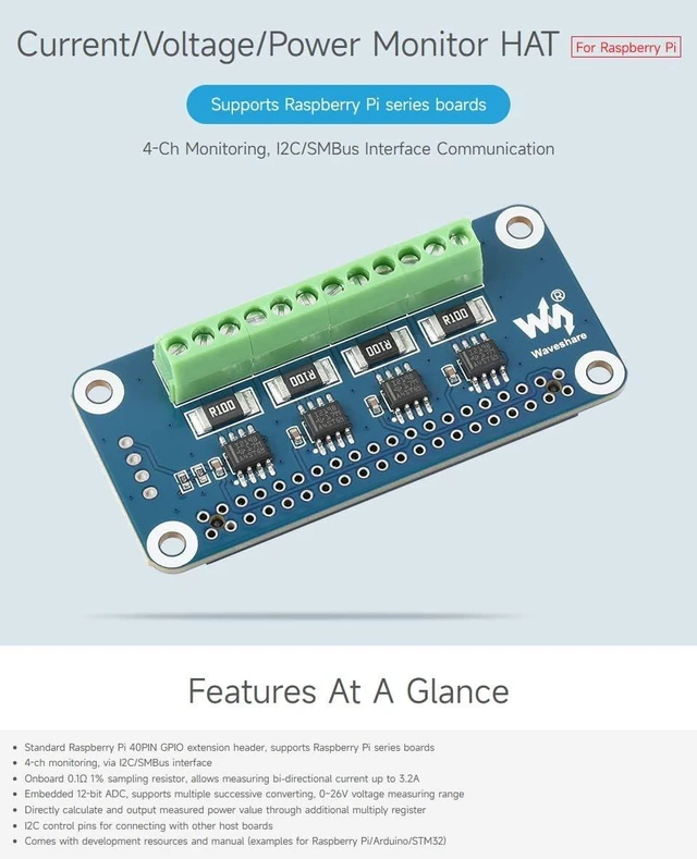 Alt view image 5 of 7 - waveshare 4-ch Current/Voltage/Power Monitor HAT for Raspberry Pi with I2C/SMBus Interface