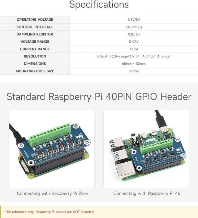 Alt view image 6 of 7 - waveshare 4-ch Current/Voltage/Power Monitor HAT for Raspberry Pi with I2C/SMBus Interface