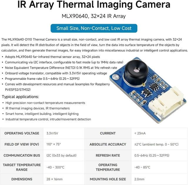 Alt view image 3 of 6 - Waveshare MLX90640 IR Array Thermal Imaging Camera with 32×24 Pixels 110° Field of View Communicating via I2C Interface Supports Raspberry Pi/rduino(ESP32)/STM32, etc.