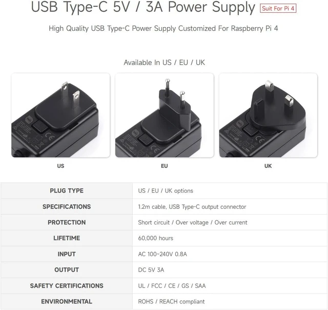 Alt view image 7 of 7 - Waveshare USB-C Power Supply 5V / 3A, Compatible with Raspberry Pi 4, with Safety Certificated Multi Protections for PI4B