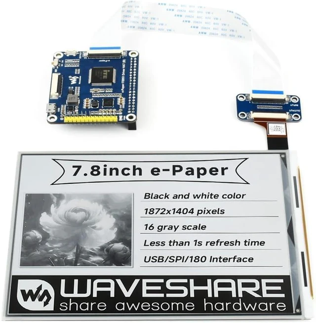 Main image of Waveshare 7.8inch E-Ink Display HAT Compatible with Raspberry Pi4B/3B+/3B/2B/B+/A+/Zero/Zero W/WH/Zero 2W 1872×1404 Resolution IT8951 Controller USB/SPI/I80 Interface Supports Partial Refresh