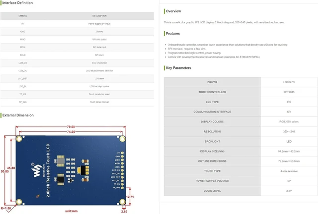 Alt view image 7 of 7 - Waveshare 2.8inch 320×240 Pixels IPS LCD with 4-Wire Resistive Touch Screen SPI Communication Interface