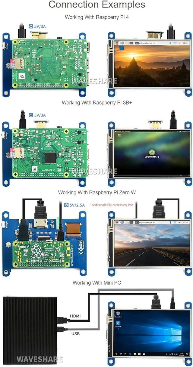 Alt view image 5 of 7 - waveshare 4inch Resistive Touch Screen LCD Compatible with Raspberry Pi 4B/3B+/3A+/2B/B+/A+/Zero/Zero W/WH/Zero 2W CM3+/4 480×800 Resolution HDMI IPS Supports Windows