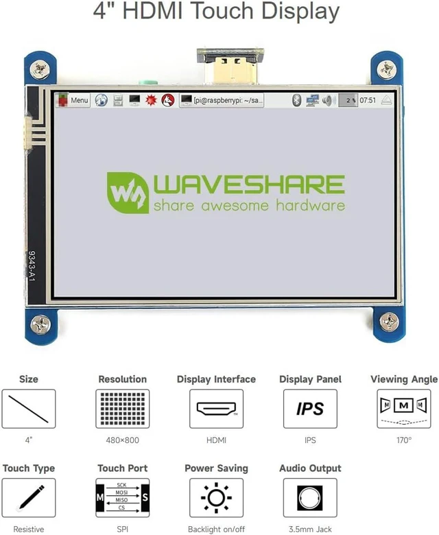 Alt view image 3 of 7 - waveshare 4inch Resistive Touch Screen LCD Compatible with Raspberry Pi 4B/3B+/3A+/2B/B+/A+/Zero/Zero W/WH/Zero 2W CM3+/4 480×800 Resolution HDMI IPS Supports Windows