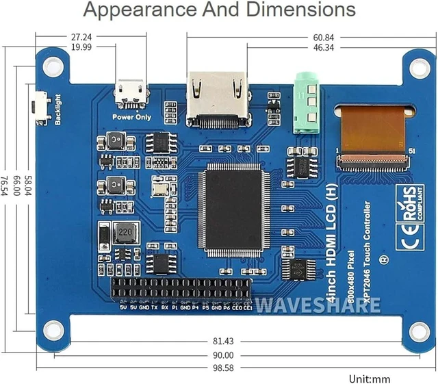 Alt view image 7 of 7 - waveshare 4inch Resistive Touch Screen LCD Compatible with Raspberry Pi 4B/3B+/3A+/2B/B+/A+/Zero/Zero W/WH/Zero 2W CM3+/4 480×800 Resolution HDMI IPS Supports Windows