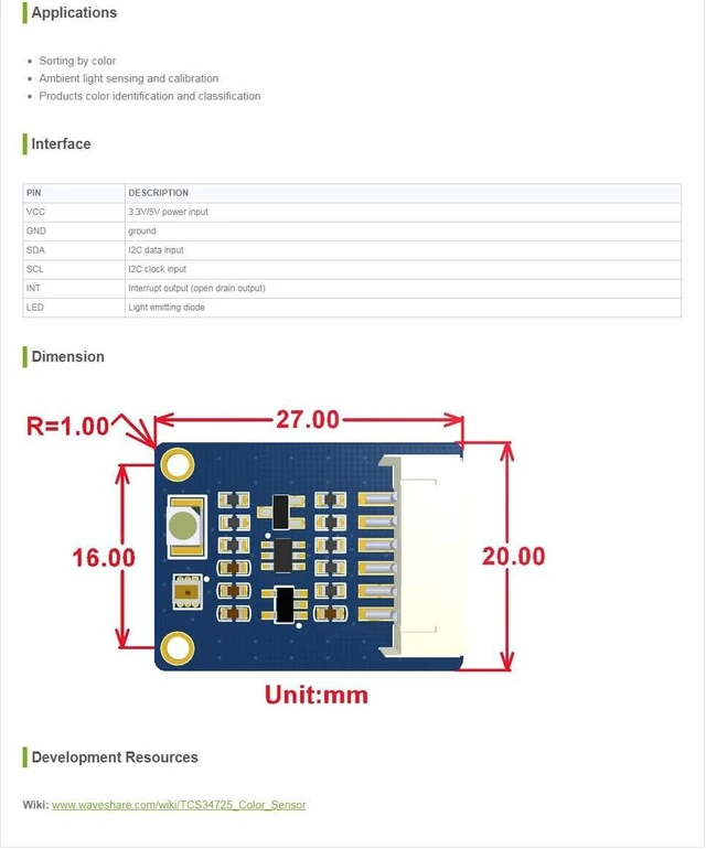 Alt view image 7 of 7 - Waveshare TCS34725 Color Sensor Module Based on TCS34725 High Sensitivity Output RGB Data and Light Intensity Through The I2C Interface with High Sensitivity Wide Dynamic Range Accurate Measuring.
