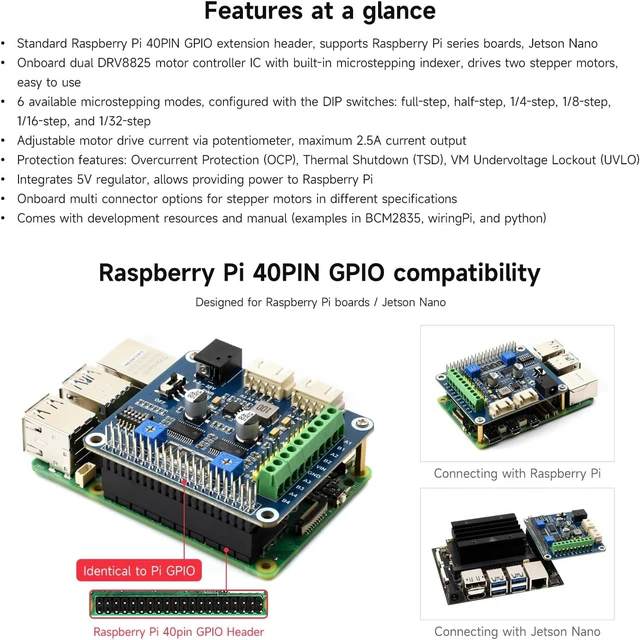 Alt view image 4 of 7 - Waveshare Stepper Motor HAT Onboard Dual DRV8825 Motor Controller Drives Two Stepper Motors Up to 1/32 Microstepping Compatible with Raspberry Pi Zero/Zero W/Zero WH/2B/3B/3B+