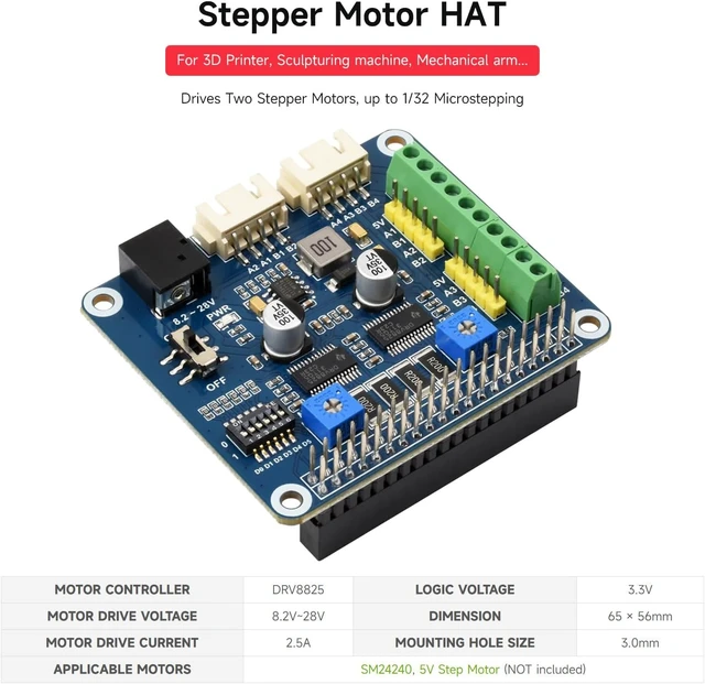 Alt view image 3 of 7 - Waveshare Stepper Motor HAT Onboard Dual DRV8825 Motor Controller Drives Two Stepper Motors Up to 1/32 Microstepping Compatible with Raspberry Pi Zero/Zero W/Zero WH/2B/3B/3B+