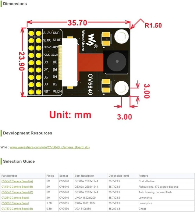 Alt view image 5 of 5 - waveshare OV5640 Camera Board (B) Image Sensor Module 5 Megapixel (2592x1944) Fisheye Lens to Achieve 170 Degree Diagonal