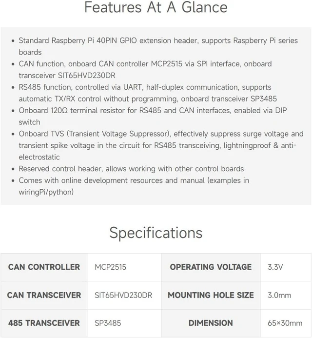 Alt view image 4 of 7 - Waveshare RS485 CAN HAT, Compatible with Raspberry Pi 5/4B/3B/Zero/Zero W/Zero 2W/Pico/W/WH, Allowing Stable Long-Distance RS485/CAN Communication