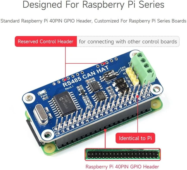 Alt view image 5 of 7 - Waveshare RS485 CAN HAT, Compatible with Raspberry Pi 5/4B/3B/Zero/Zero W/Zero 2W/Pico/W/WH, Allowing Stable Long-Distance RS485/CAN Communication