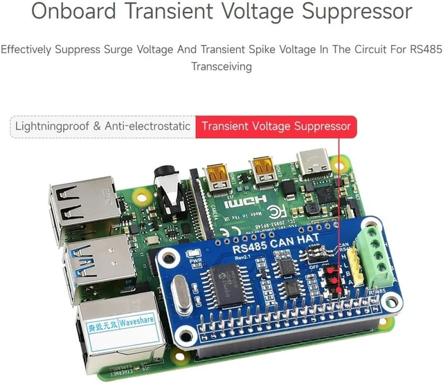 Alt view image 7 of 7 - Waveshare RS485 CAN HAT, Compatible with Raspberry Pi 5/4B/3B/Zero/Zero W/Zero 2W/Pico/W/WH, Allowing Stable Long-Distance RS485/CAN Communication