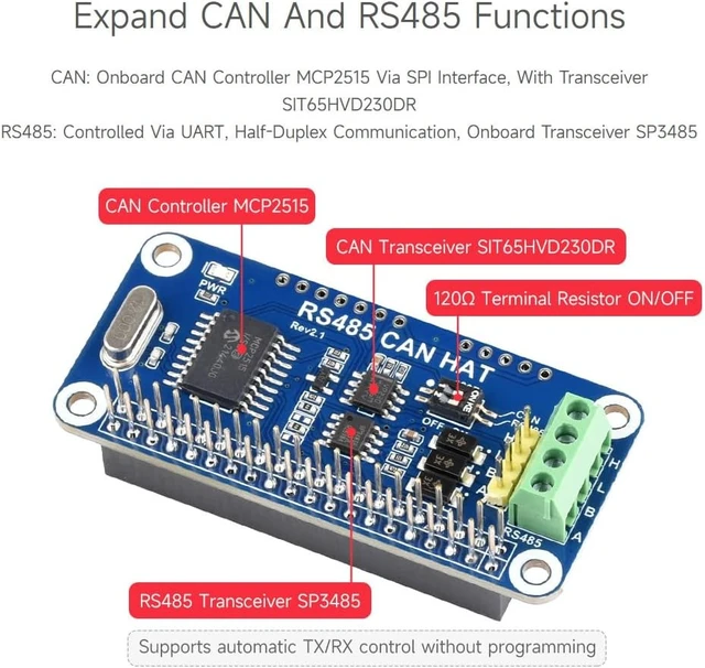Alt view image 6 of 7 - Waveshare RS485 CAN HAT, Compatible with Raspberry Pi 5/4B/3B/Zero/Zero W/Zero 2W/Pico/W/WH, Allowing Stable Long-Distance RS485/CAN Communication