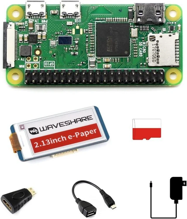 Main image of Waveshare Development Kit Compatible with Raspberry Pi Zero WH (Built-in WiFi, Pre-Soldered Headers) Bundle with Micro TF Card Power Adapter 2.13inch E-Paper HAT and Basic Components (8 Items)