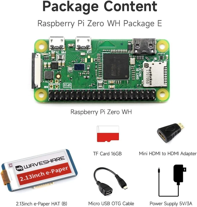 Alt view image 2 of 7 - Waveshare Development Kit Compatible with Raspberry Pi Zero WH (Built-in WiFi, Pre-Soldered Headers) Bundle with Micro TF Card Power Adapter 2.13inch E-Paper HAT and Basic Components (8 Items)