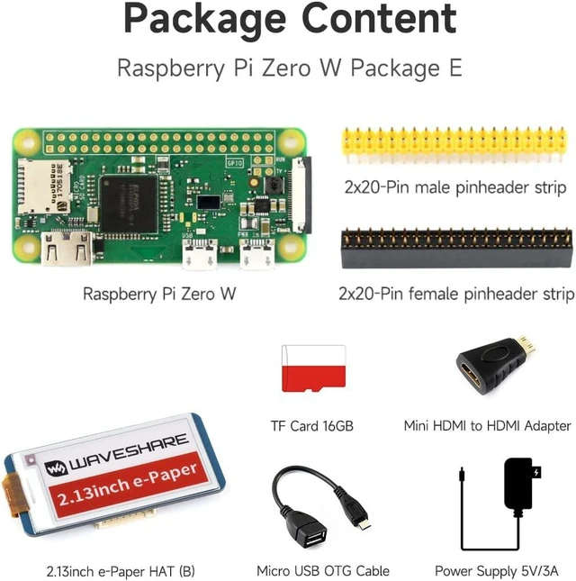 Alt view image 2 of 7 - Waveshare Development Kit Type E Compatible with Raspberry Pi Zero W (Built-in WiFi) Bundle with Micro TF Card Power Adapter 2.13inch E-Paper HAT and Other Basic Components (10 Items)