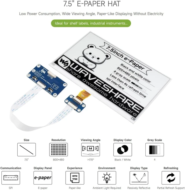 Alt view image 3 of 7 - Waveshare 7.5inch E-Ink Display HAT for Raspberry Pi 800×480 Resolution with Embedded Controller Communicating via SPI interface Supports Raspberry Pi Series Boards and Jetson Nano