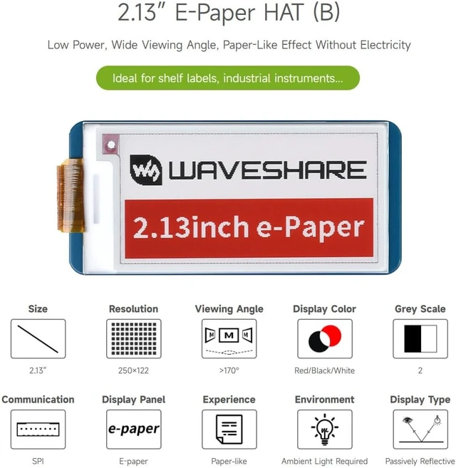 Alt view image 3 of 7 - waveshare 2.13inch E-Ink Display HAT Compatible with Compatible with Raspberry Pi 5/4B/3B/Zero/Zero W/Zero 2W/Pico/Pico W/Pico WH, 212x104 Resolution Three-Color SPI Interface