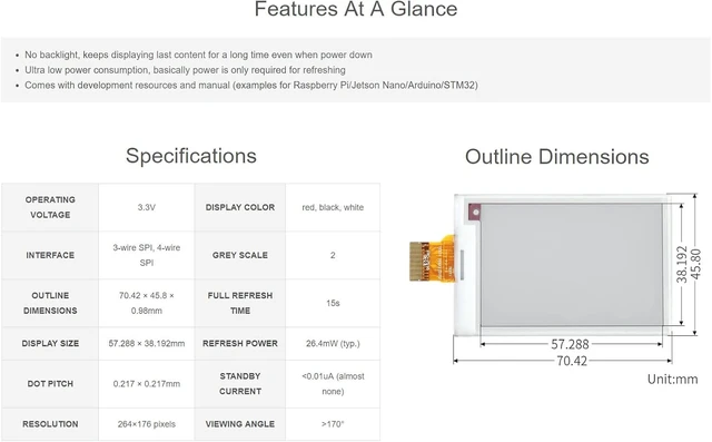 Alt view image 6 of 7 - waveshare 2.7inch E-Paper E-Ink Raw Display Compatible with Raspberry Pi 4B/3B+/3B/2B/B+/A+/Zero/Zero W/WH/Zero 2W Series Boards 264×176 Pixels Three-Color with SPI Interface Without PCB
