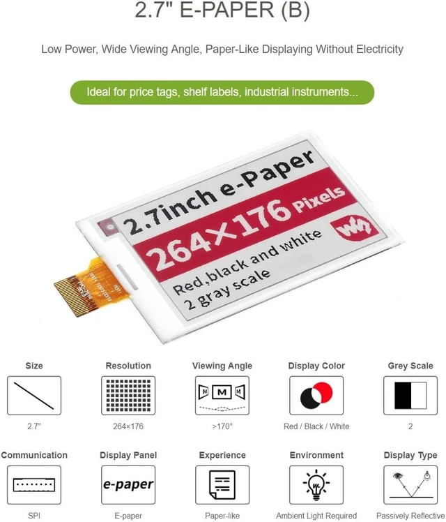 Alt view image 5 of 7 - waveshare 2.7inch E-Paper E-Ink Raw Display Compatible with Raspberry Pi 4B/3B+/3B/2B/B+/A+/Zero/Zero W/WH/Zero 2W Series Boards 264×176 Pixels Three-Color with SPI Interface Without PCB