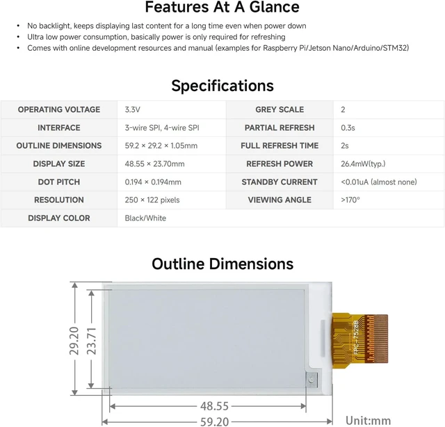 Alt view image 4 of 6 - waveshare 2.13inch E-Ink Raw Display Compatible with Raspberry Pi 4B/3B+/3B/2B/B+/A+/Zero/Zero W/WH/Zero 2W Series Boards 250x122 Resolution SPI Interface Without PCB Supports Partial Refresh
