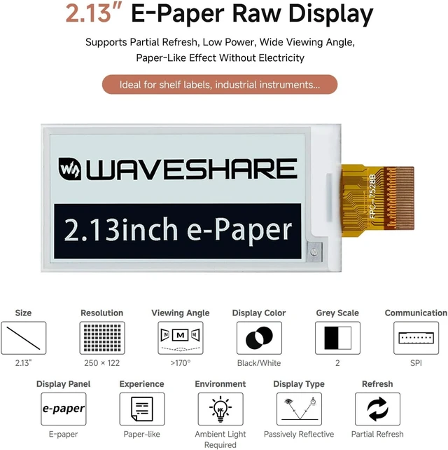 Alt view image 3 of 6 - waveshare 2.13inch E-Ink Raw Display Compatible with Raspberry Pi 4B/3B+/3B/2B/B+/A+/Zero/Zero W/WH/Zero 2W Series Boards 250x122 Resolution SPI Interface Without PCB Supports Partial Refresh