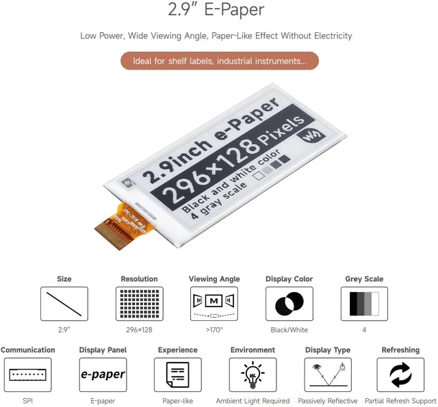 Alt view image 2 of 5 - Waveshare 2.9inch E-Ink Raw Display Compatible with Raspberry Pi 4B/3B+/3B/2B/B+/A+/Zero/Zero W/WH/Zero 2W Series Boards 296x128 Resolution with SPI Interface Without PCB Supports Partial Refresh