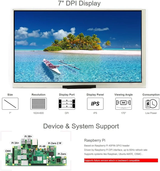 Alt view image 3 of 7 - waveshare 7inch Display Compatible with Raspberry Pi 4B/3B+/3B/2B/B+/A+/Zero/Zero W/WH/Zero 2W Series Boards 1024×600 Resolution DPI Interface IPS No Touch