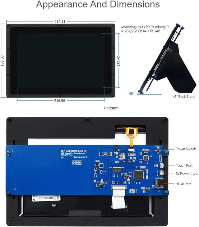 Alt view image 3 of 7 - Waveshare 10.1 inch Capacitive Touch Screen LCD IPS Screen 1280x800 Hardware Resolution Supports Multi Mini-PCs and Multi Systems