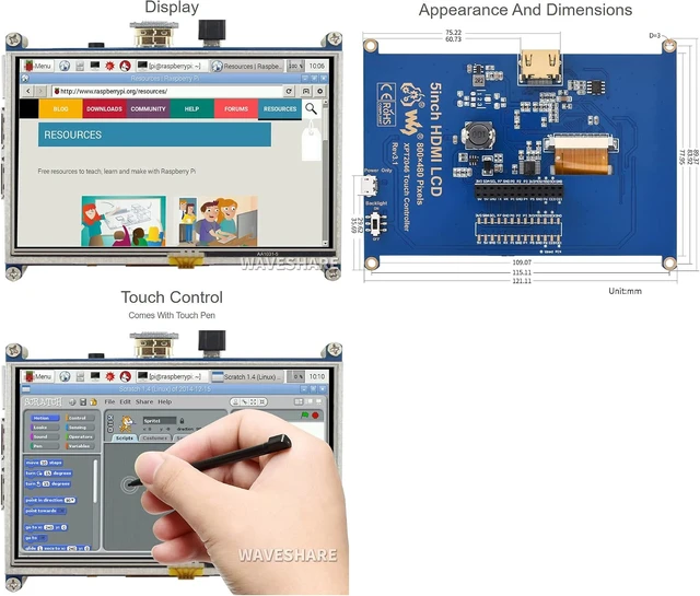 Alt view image 4 of 4 - Waveshare Raspberry Pi 5 Inch LCD HDMI 800 x 480 High Resolution for Raspberry Pi A+/B+/2B/3B/3A+/3B+/Raspberry Pi 4