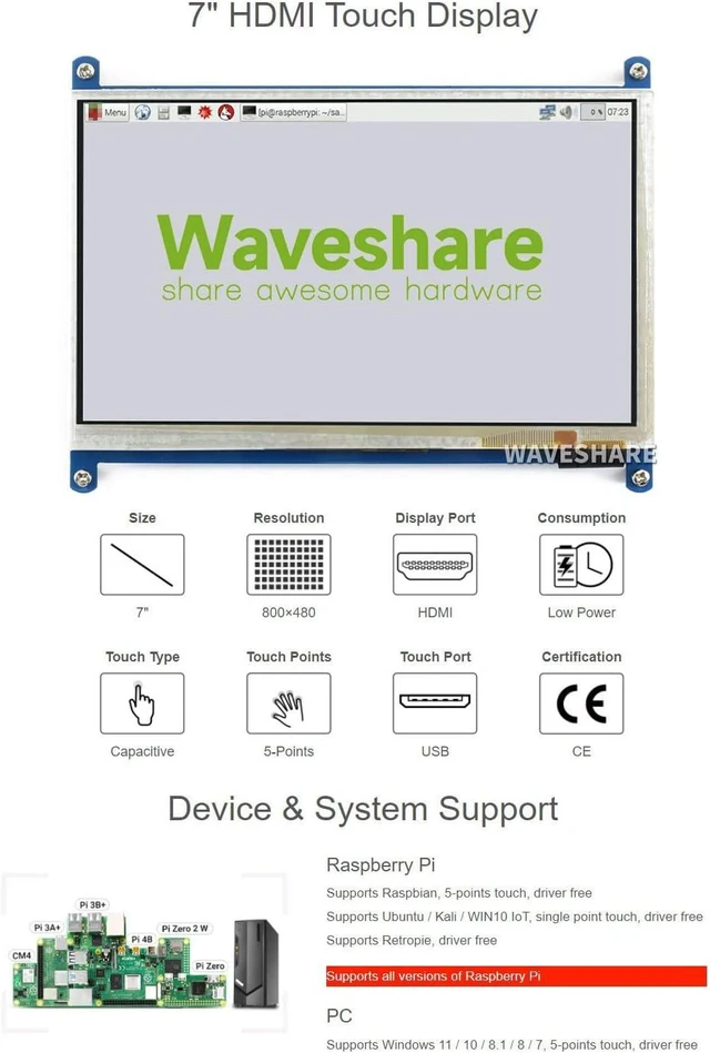 Alt view image 2 of 6 - Waveshare 7inch HDMI LCD B for Various Systems Raspberry Pi/Raspberry Pi 3 Model B+ 800x480 Rev3.1 Capacitive Touch Screen LCD Display HDMI Interface.