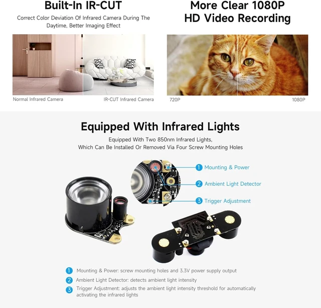 Alt view image 4 of 5 - waveshare Raspberry Pi IR-Cut Camera Module Kit 5MP OV5647 Sensor Supports Night Vision Embedded IR-Cut Better Image in Both Day and Night for RPi Zero /3 Model B/2B/ B/B+/A