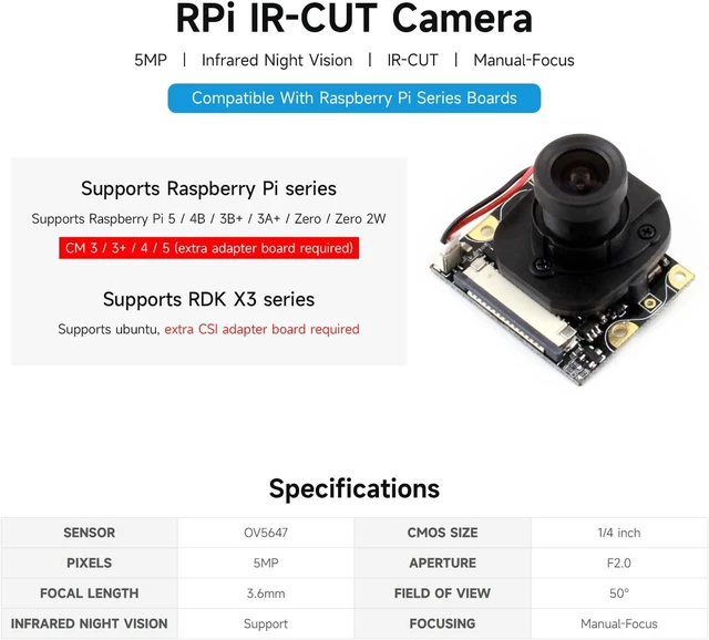 Alt view image 3 of 5 - waveshare Raspberry Pi IR-Cut Camera Module Kit 5MP OV5647 Sensor Supports Night Vision Embedded IR-Cut Better Image in Both Day and Night for RPi Zero /3 Model B/2B/ B/B+/A