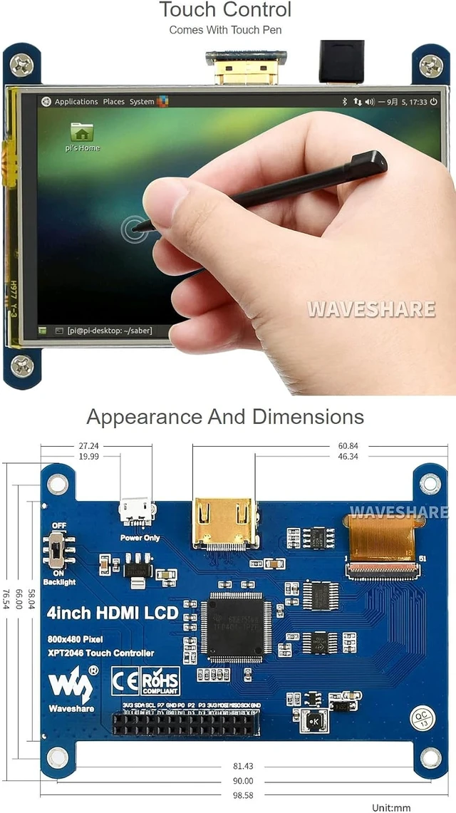Alt view image 4 of 7 - Waveshare 4inch Resistive Touch Screen LCD Compatible with Raspberry Pi 4B/3B+/3A+/2B/B+/A+/Zero/Zero W/WH/Zero 2W CM3+/4 480×800 Resolution HDMI IPS Low Power Consumption Supports Windows