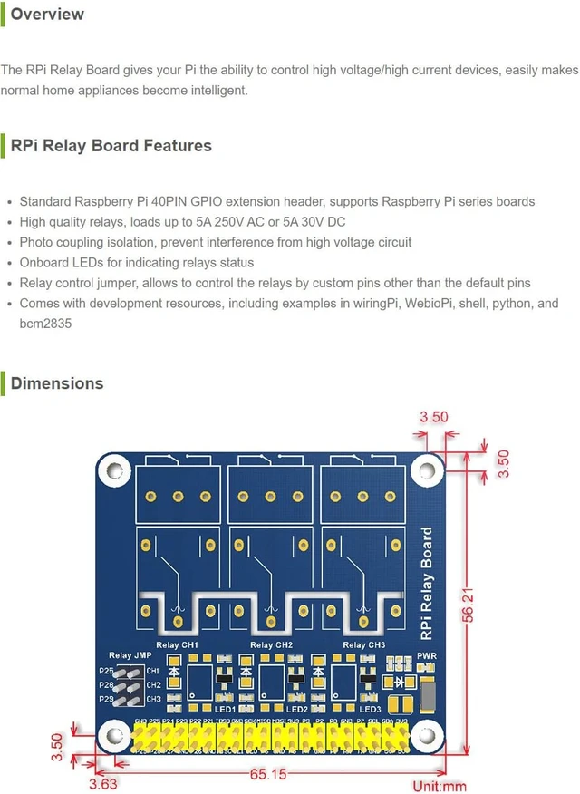 Alt view image 3 of 4 - Waveshare Expansion Board Power Relay Board Module Kit Compatible with Raspberry Pi 3 2 A+ B+ 2B 3B,Remote Control Make Home Appliances Intelligent